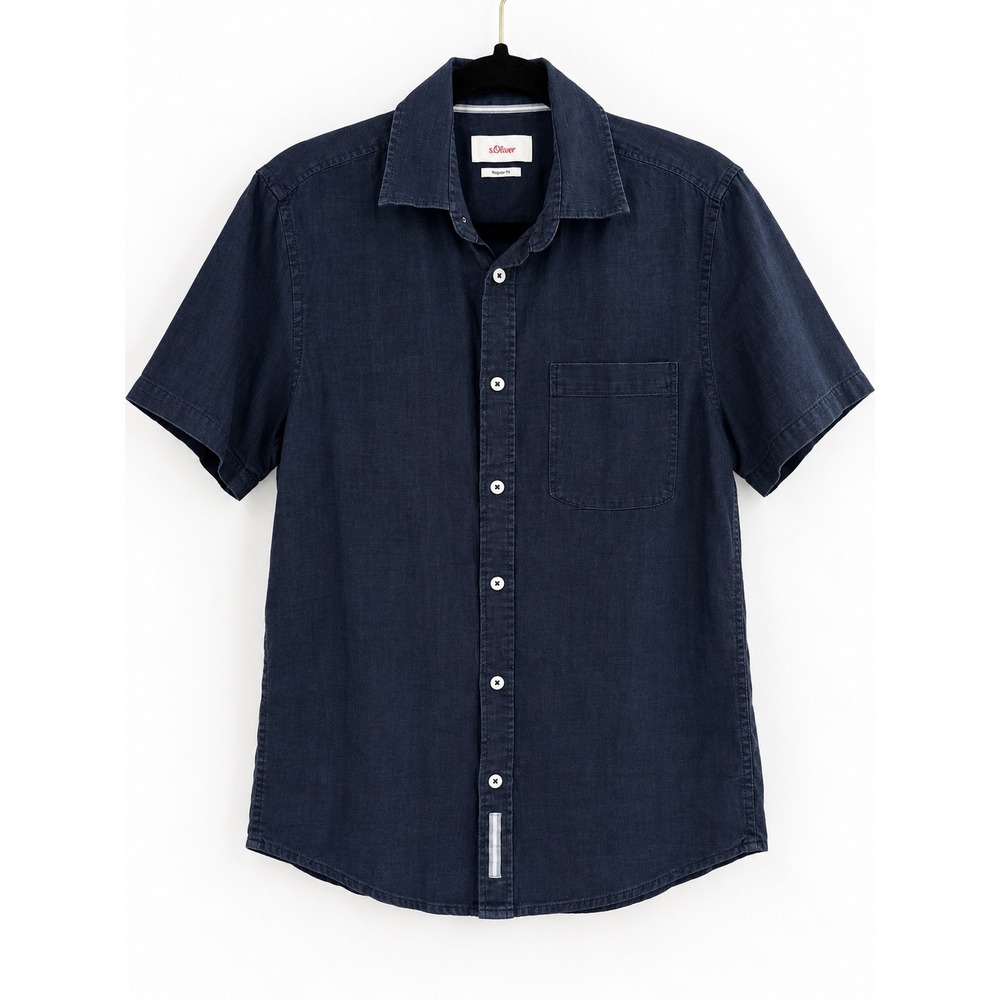 s.Oliver Button Down Shirt Mens Small Navy Blue 100% Linen Regular Fit Coastal